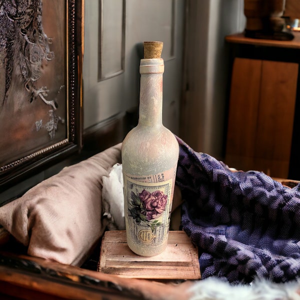 Rose Radiance: Shabby Chic Decoupage Wine Bottle (12" Tall) - Upcycled Bottle - Home Accents - Repurposed Bottle - Decoupaged Bottle