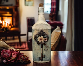 Vintage Key Charm: Repurposed Decoupaged Whiskey Bottle - 10.25" Tall - Upcycled Bottle - Home Decor - Decoupage Bottle