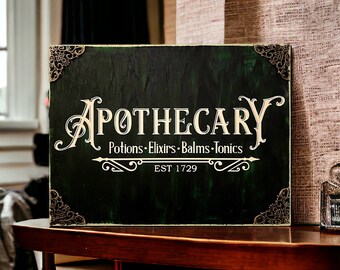 Mystic Apothecary Heritage: 9" x 12" Dark Green Wood Sign with Vintage Vinyl Lettering and Bronze Plated Corners