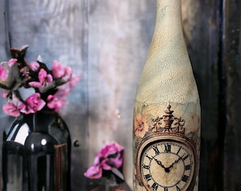 Timeless Floral Elegance: Decoupaged Wine Bottle - 12" Tall - Upcycled Bottle - Decoupage Bottle - Home Decor - Home Accents