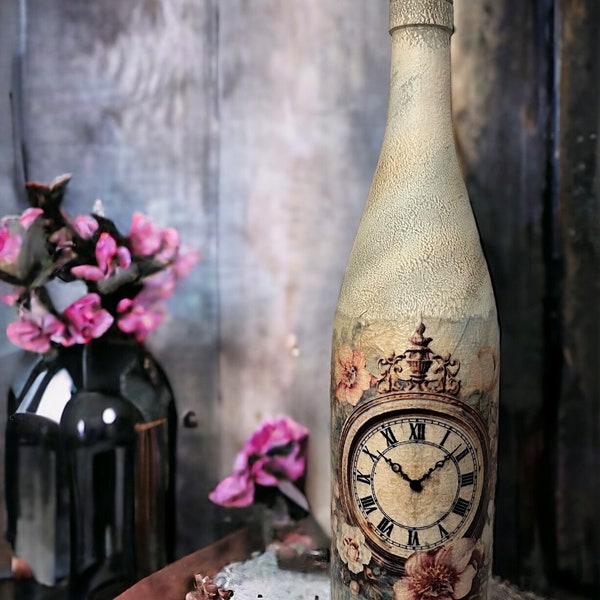Timeless Floral Elegance: Decoupaged Wine Bottle - 12" Tall - Upcycled Bottle - Decoupage Bottle - Home Decor - Home Accents