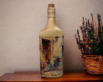 Vintage Bicycle Bliss: Repurposed Decoupaged Whiskey Bottle - 10.25" Tall - Upcycled Bottle - Home Decor - Decoupage Bottle