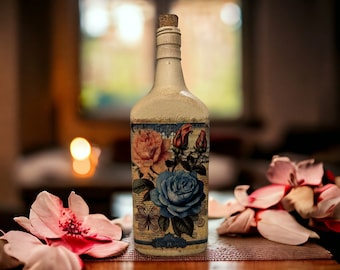 Floral Elegance: Decoupaged Whiskey Bottle with Chalk Paint - 10.25" Tall - Upcycled Bottle - Home Decor - Decoupage Bottle