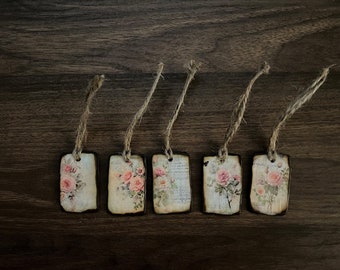 Pink Rose Garden Wooden Tags (Set of 5) - Gift Tags - Junk Journal Tags - Crafting Tags