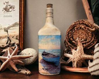 Coastal Charm: Beach-Themed Decoupaged Whiskey Bottle - 10.25" Tall - Upcycled Bottle - Decoupage Bottle - Home Decor - Home Accents