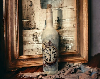 Vintage Timepiece Blossom: Decoupaged Wine Bottle - 12" Tall - Upcycled Bottle - Decoupage Bottle - Home Decor - Home Accents