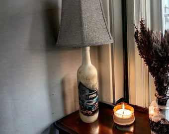 Rustic Radiance: Vintage Truck Decoupage Whiskey Bottle Lamp (19" Tall) - Upcycled Bottle - Decoupage Bottle - Home Accents