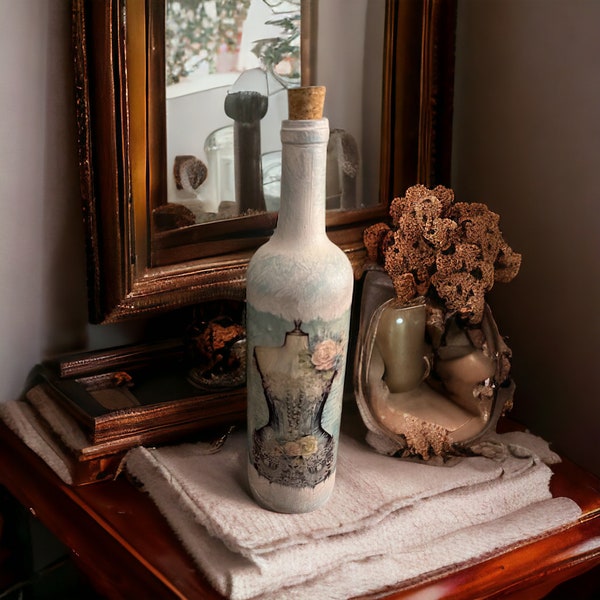 Shabby Elegance: Decoupage Wine Bottle (12" Tall) - Artistic Décor - Upcycled Bottle - Decoupaged Bottle - Repurposed Bottle