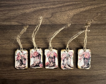 Shabby Chic Cowboy Boots Wooden Tags (Set of 5) - Gift Tags - Junk Journal Tags - Crafting Tags