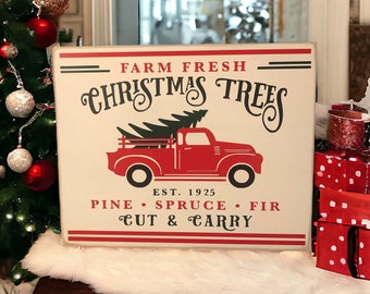 Farmhouse Holiday Decor: 8" x 10" Wood Canvas Sign with Farm Fresh Christmas Trees Vinyl Lettering on Ivory Paint