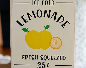 Ice Cold Lemonade - Vintage Wood Sign - 8" x 10" Ivory Wood Canvas with Black Vinyl Lettering - Nostalgic Summertime Decor for Home or Patio