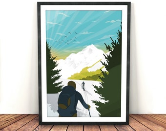 Ski Tour Print Mountain Wall Art Christmas Decor Minimalist Print Art Ski Poster Ski Tour Poster, Gift Idea, Ski Winter