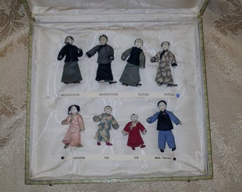 Cartier Japanese Doll Family Asian Antique Vintage Box Set HAND MADE Folk Art