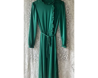 Vintage 1970’s Lucy Jr Emerald Green Long Sleeve Dress Ruffles