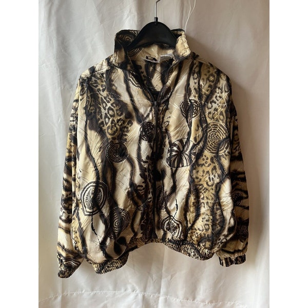 Vintage Kaktus Animal Print Tan Gold Black Zip Up Long Sleeve Shirt Jacket S