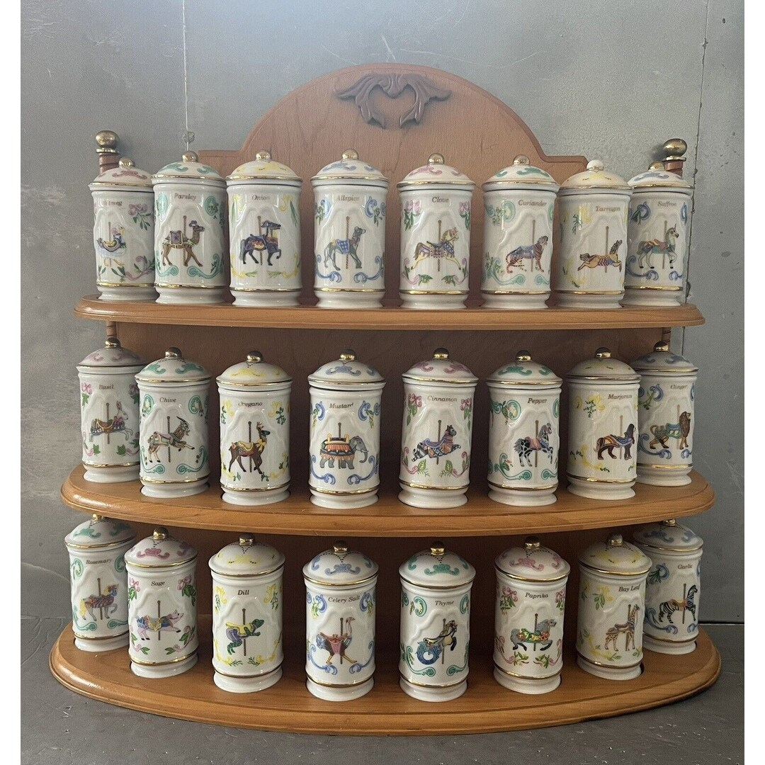 Lenox 1993 Carousel Porcelain Spice Jars & Wooden Rack Etsy