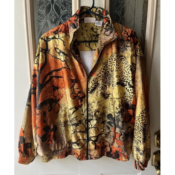 Vintage Kaktus Animal Print Orange Gold Black Zip Up Long Sleeve Shirt Jacket XL