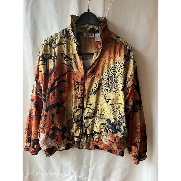 Vintage Kaktus Animal Print Orange Gold Black Zip Up Long Sleeve Shirt Jacket S