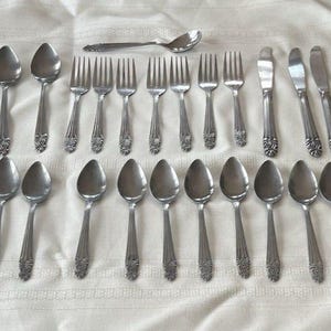 Vintage National Stainless Japan Flatware 48 Pc Spoon Fork Knife Art Nouveau, Mid Century Silverware, MCM Flatware, Stainless Steel Utensils
