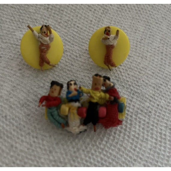 Vintage Worry Doll Folk Art Brooch & Earrings Matc