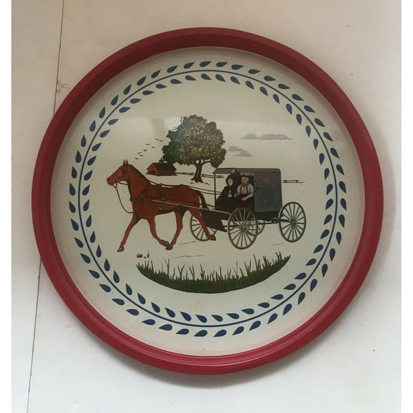 Vintage Amish 13" Tin Serving Tray Pennsylvania Dutch Horse & Buggy