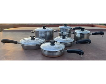 SET of 13 Pieces Vintage Revere Ware Copper Bottom Stock Pot Sauce Frying Pans