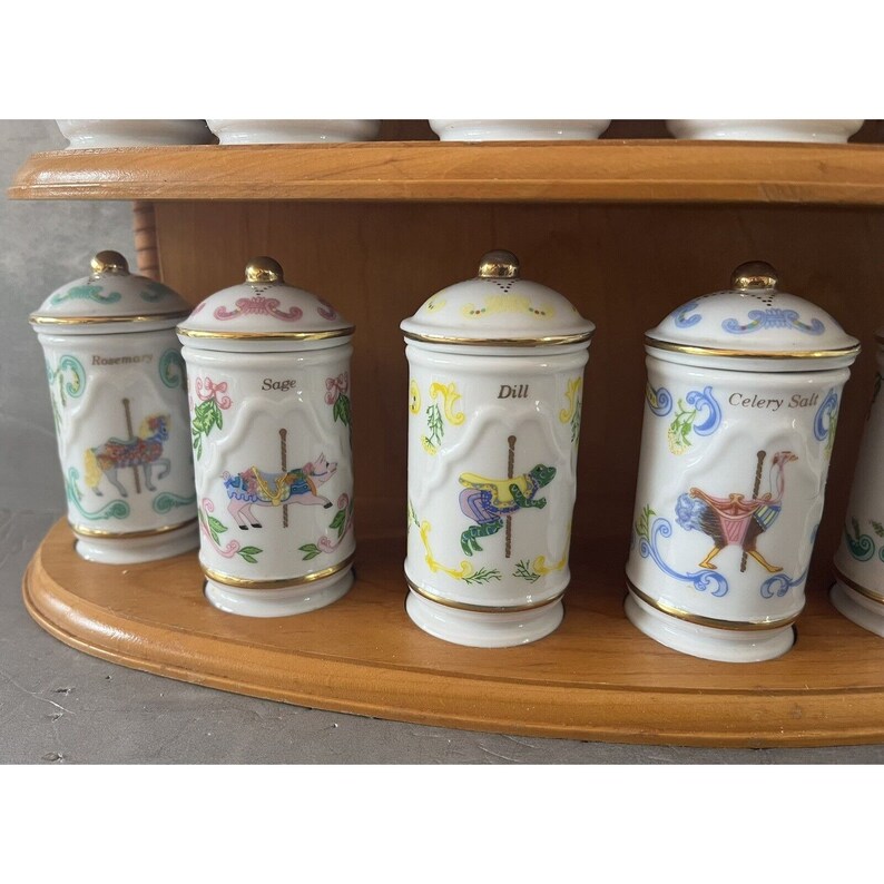 Lenox 1993 Carousel Porcelain Spice Jars & Wooden Rack Etsy