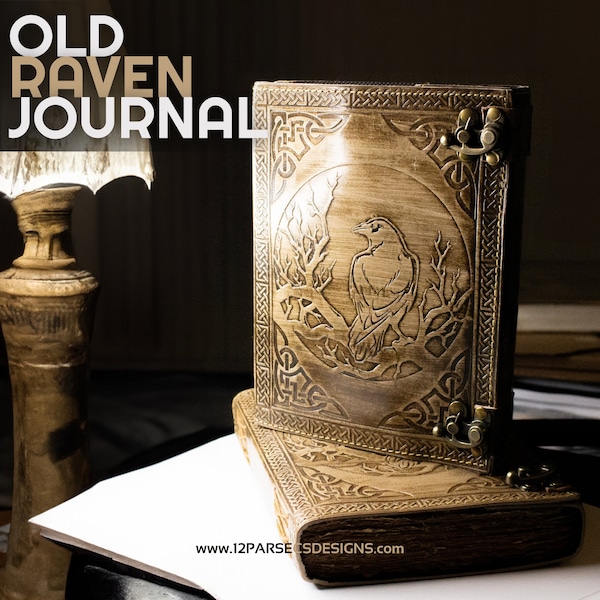 Old Raven Leather Journal (6"x8") | Watercolor Grimoire, Handmade Embossed Notebook, TTRPG Logbook, DnD Tabletop Roleplaying Artbook, Cotton