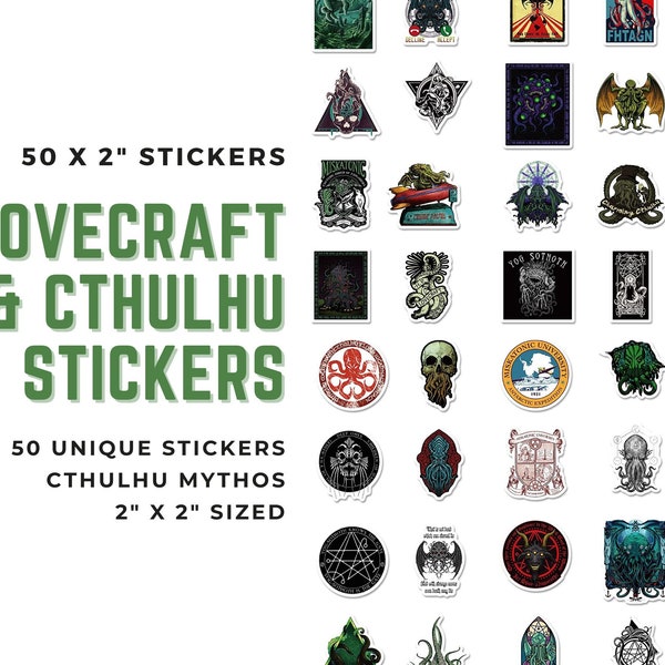 50 HP Lovecraft and Cthulhu Stickers | Fifty Unique Stickers, 2"x2" Sized, Party Gifts, Cosmic Horror Lover, Cthulhu Mythos, Call of Cthulhu