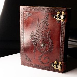 Dragon Grimoire Handmade Leather Journal (6"x8") | Cotton Watercolor Paper, Embosser Notebook, TTRPG Logbook, Calligraphy Sketch Artbook