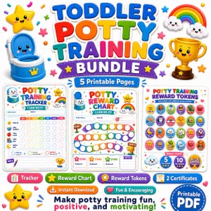 May include: A toddler potty training bundle featuring five printable pages including a tracker, reward chart, and reward tokens. The design includes colorful graphics of a blue potty, a gold trophy, a rainbow, and smiling stars.