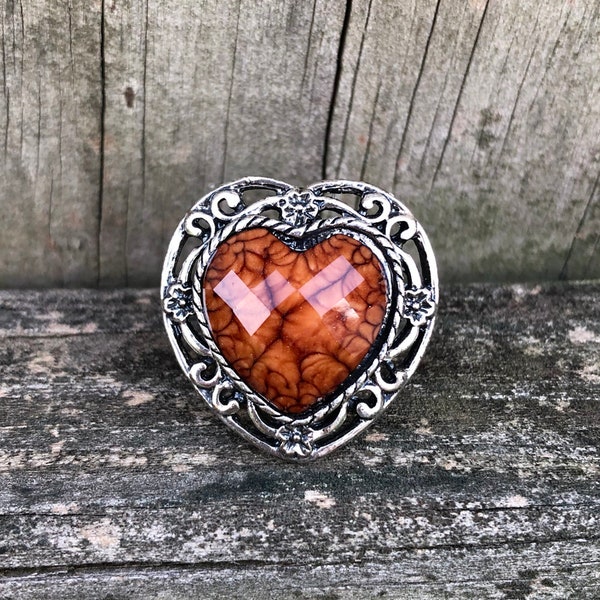 Afghan Kuchi Ethnic Vintage Turkish Tribal Gypsy Boho Nomad Alpaka Alpaca Silver Ornate Heart Filigree Honey Brown Agate Ring Adjustable