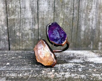Raw Amethyst and Citrine Antiqued Copper Open Ring Gorgeous Healing Rustic Natural Crystal Electroformed Handcrafted Artisan Jewelry