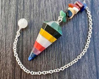 Multi-Gemstone Chakra Faceted Pendulum - Green Aventurine, Black Onyx, Yellow Howlite, Snow Quartz, Orange Howlite, Amethyst & Lapis Lazuli