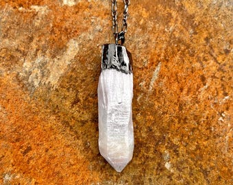 Angel Aura Quartz Point Statement Black Rhodium Electroplated Pendant Necklace Stimulating Uplifting High Vibrational Energy
