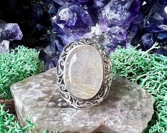 Anello ovale in quarzo rutilato decorato in argento sterling, taglia US 7,5