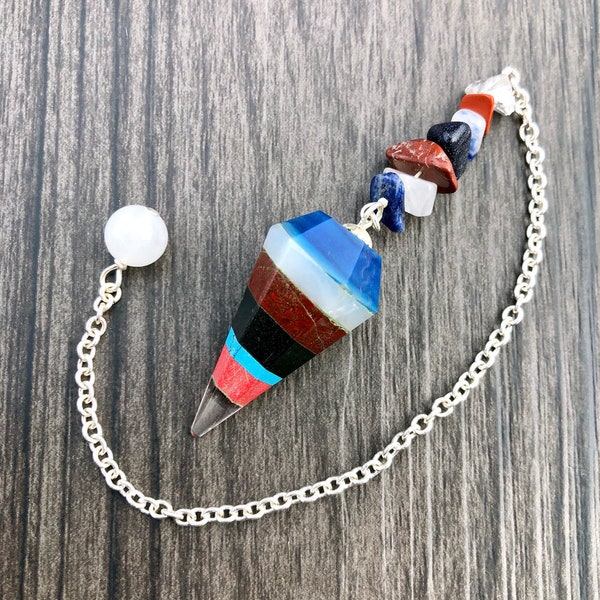 Multi-Gemstone Chakra Faceted Pendulum - Blue Agate, White Agate, Mahogany Jasper, Black Onyx, Turquoise, Red Coral and Clear Quartz