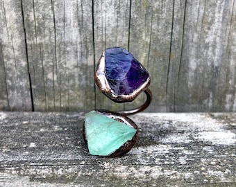Raw Amethyst and Fluorite Antiqued Copper Open Ring Gorgeous Healing Rustic Natural Crystal Electroformed Handcrafted Artisan Jewelry