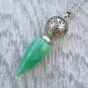 Green Aventurine Flower Filigree Pendulum Pendant Double Duty Necklace Divination Dowsing Healing Spiritual Connection Guidance Insight