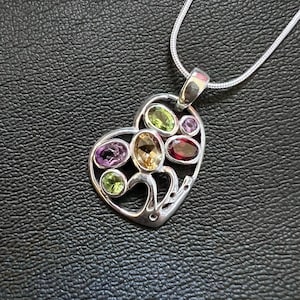 Multi-Gemstone Whimsical Heart Sterling Silver Pendant Citrine Peridot Amethyst Garnet Genuine Faceted Gemstones Multi-color Jewelry