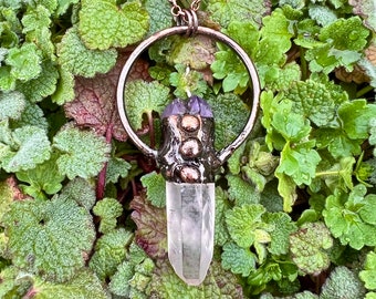 Clear Quartz Point Amethyst Druzy Crown Antiqued Copper Pendant Necklace Electroformed Artisan Jewelry