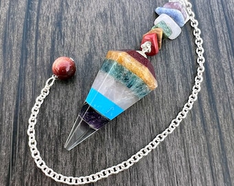 Multi-Gemstone Chakra Faceted Pendulum - Red Jasper, Citrine, Green Aventurine, Snow Quartz, Turquoise, Amethyst and Clear Quartz