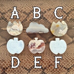 Könnte beinhalten: Eine Sammlung von sechs polierten Edelstein-Cabochons in verschiedenen Formen. Die Formen umfassen eine Blume, eine Wolke und einen Apfel. Die Edelsteine sind in Weiß-, Grau- und Brauntönen gehalten und weisen einzigartige Muster auf. Buchstaben A bis F.