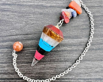 Multi-Gemstone Chakra Faceted Pendulum - Red Jasper, Citrine, Snow Quartz, Turquoise, Black Agate, Red Howlite and Clear Quartz