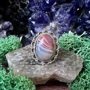 Banded Agate Oval Blossom Sterling Silver Ring US 6