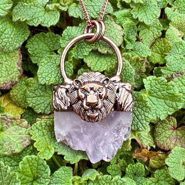 Majestic Lion Amethyst Druzy Slice Gorgeous Striking Antiqued Copper Pendant Necklace Electroformed Artisan Jewelry