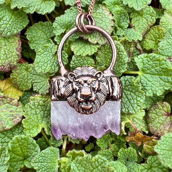 Majestic Lion Amethyst Druzy Slice Gorgeous Striking Antiqued Copper Pendant Necklace Electroformed Artisan Jewelry