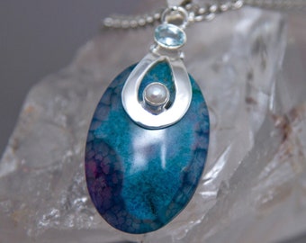 Dragon Vein Agate Oval Pearl Aquamarine Sterling Silver Pendant
