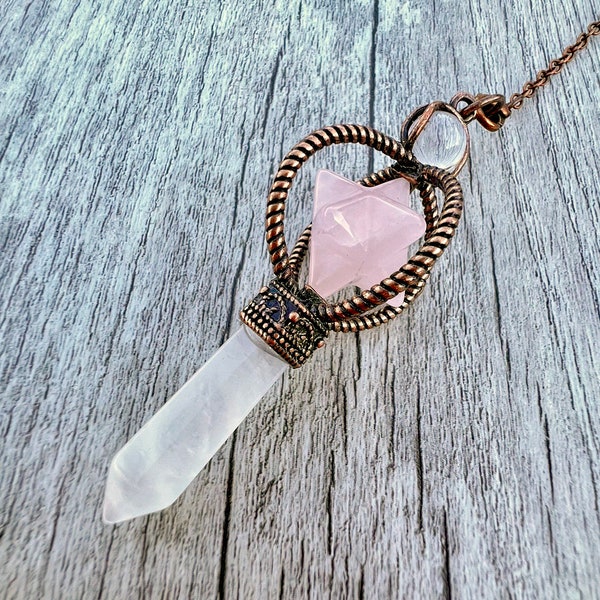 Rose Quartz Merkaba Star Copper Pendulum Divination Dowsing Healing Spiritual Connection Guidance Insight