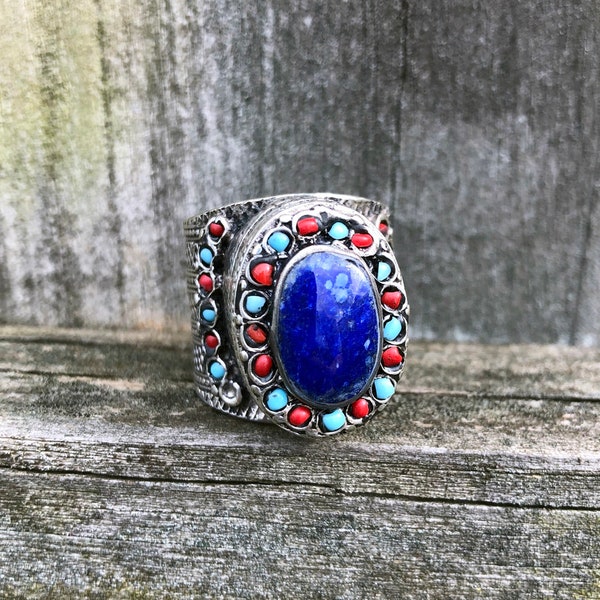 Afghan Kuchi Ethnic Vintage Turkish Tribal Gypsy Boho Nomad Alpaka Alpaca Silver Ornate Oval Lapis Lazuli Multi-color Statement Ring US 11